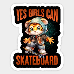 Yes Girls Can Skateboard - Cute Skateboarder Skater Cat Sticker